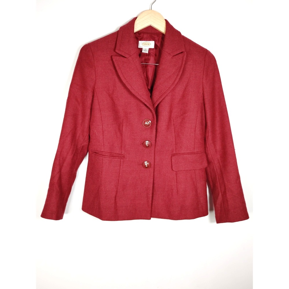Talbots‎ 100% Wool Red Embossed "T" Buttons Herringbone Blazer Academia Petite 6 - Picture 2 of 9